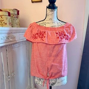 Love Tree Coral Colored Embroidered Ruffled short sleeve blouse